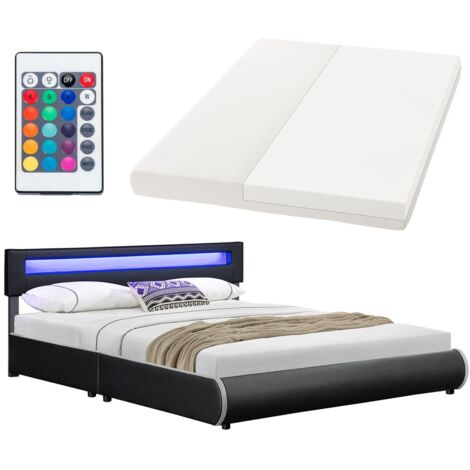 Juskys Polsterbett Sevilla 180 x 200 cm mit Matratze, Lattenrost, LED Beleuchtung & Kopfteil - Kunstleder & Holz - Bett Bettgestell Doppelbett schwarz