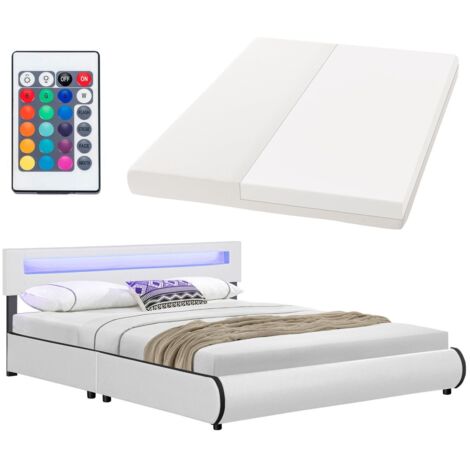 Juskys Polsterbett Sevilla 180 x 200 cm mit Matratze, Lattenrost, LED Beleuchtung & Kopfteil - Kunstleder & Holz - Bett Bettgestell Doppelbett weiß