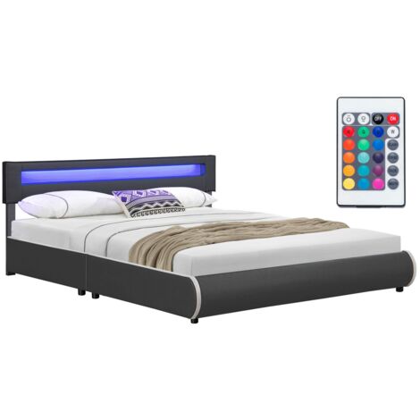 Juskys Polsterbett Sevilla – Bettgestell mit Lattenrost & LED Beleuchtung im Kopfteil – Kunstleder & Holz – Bett Doppelbett - 180 x 200 cm - grau