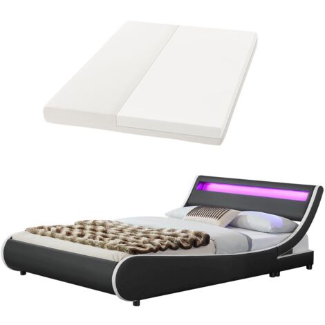 Juskys Polsterbett Valencia 180 x 200 cm mit Matratze, Lattenrost & LED Beleuchtung - Kunstleder & Holz - Bett Bettgestell Doppelbett schwarz