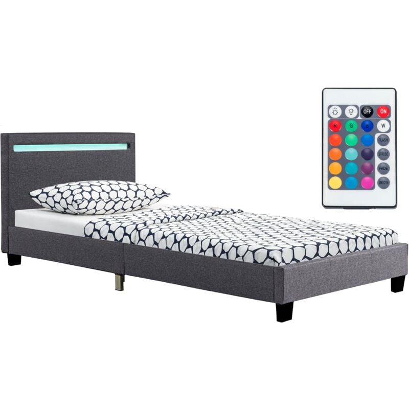 Polsterbett Verona 90x200 cm grau mit Matratze – Einzelbett + LED-Beleuchtung, Lattenrost & Kopfteil – Bett aus Holz & Stoff-Bezug - Juskys