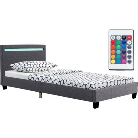 Juskys Polsterbett Verona 90x200 cm grau mit Matratze – Einzelbett + LED-Beleuchtung, Lattenrost & Kopfteil – Bett aus Holz & Stoff-Bezug