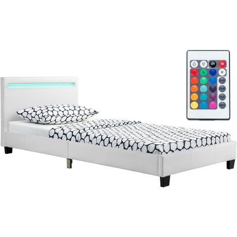 Juskys Polsterbett Verona 90x200 cm weiß mit Matratze – Einzelbett + LED-Beleuchtung, Lattenrost & Kopfteil – Bett aus Holz & Kunstleder-Bezug