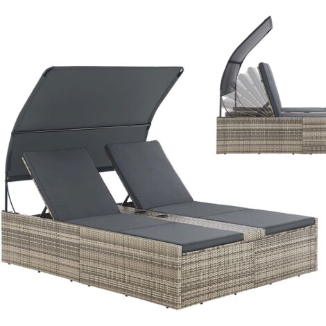 Juskys Polyrattan Doppelliege Syros - Garten Sonnenliege für 2 Personen - Outdoor Liege mit Dach & Auflagen - Kopfteil verstellbar - Grau-meliert