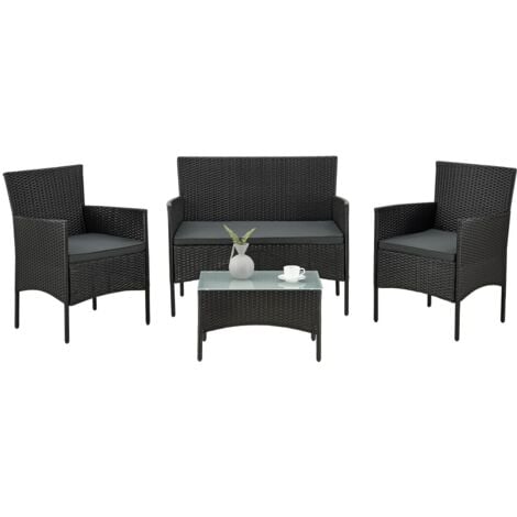 Juskys Polyrattan Gartenmöbel-Set Fort Myers – Sitzgruppe mit Tisch, Sofa & 2 Stühlen – Balkonmöbel für 4 Personen - Schwarz mit grauen Polstern