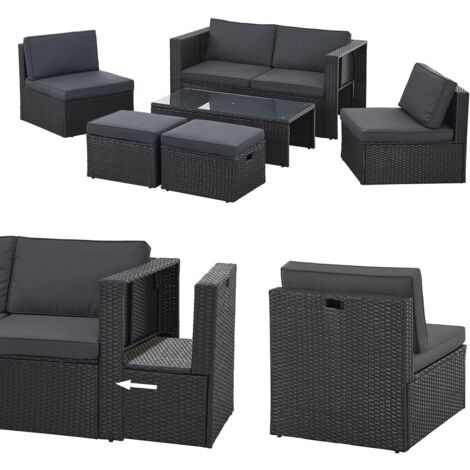 Juskys Polyrattan Gartenmöbel Set Salou - Outdoor Lounge wetterfest 6 Personen - Sitzecke mit Tisch & Kissen für Garten, Balkon, Terrasse - Schwarz