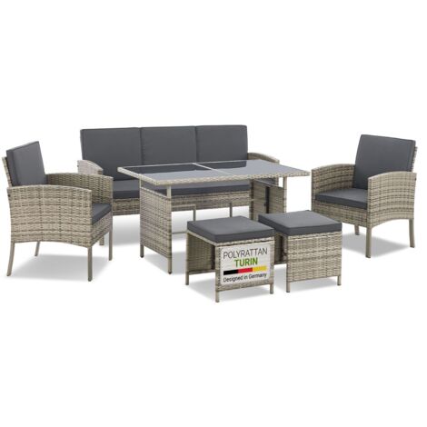 Juskys Polyrattan Gartenmöbel Sitzgruppe Turin Set 6 teilig - 7 Personen - Outdoor Möbel mit Sessel, Hocker, Tisch & Kissen - Garten Loungemöbel grau-meliert