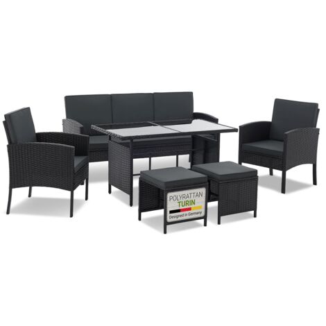 Juskys Polyrattan Gartenmöbel Sitzgruppe Turin Set 6 teilig - 7 Personen - Outdoor Möbel mit Sessel, Hocker, Tisch & Kissen - Loungemöbel Schwarz