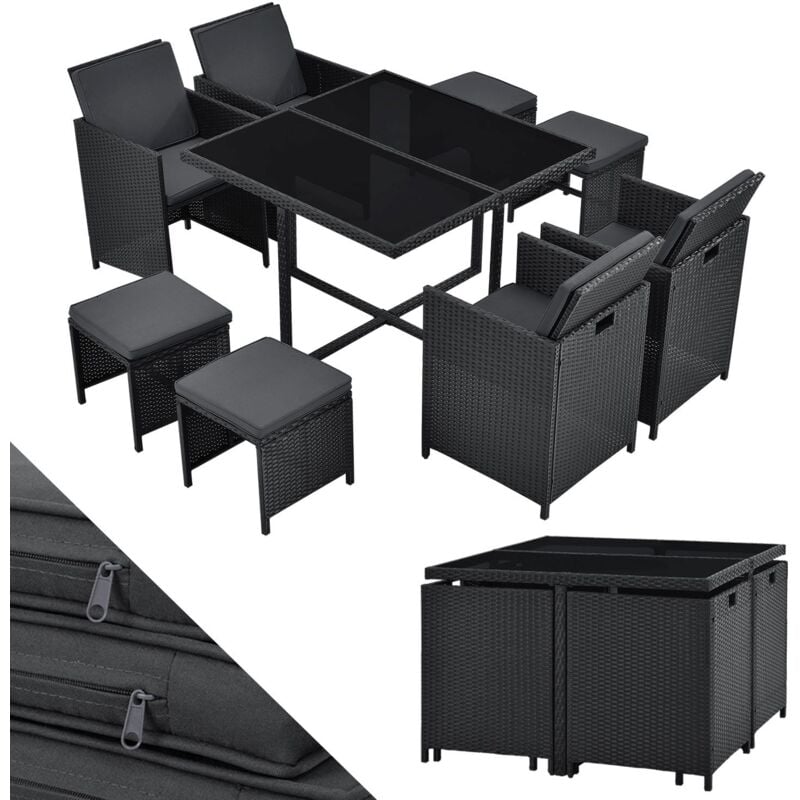 Polyrattan Sitzgruppe Baracoa L 9-teilig – Gartenmöbel Set mit 4 x Stühle, 4 Hocker & Tisch für Garten & Terrasse – wetterfest & stapelbar - Juskys
