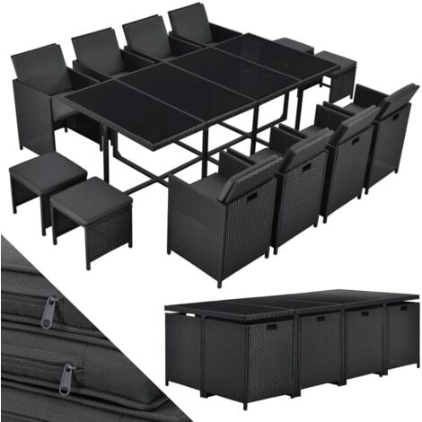 Juskys Polyrattan Sitzgruppe Baracoa XXL 13-teilig – Gartenmöbel Set mit 8 x Stühle, 4 Hocker & Tisch für Garten & Terrasse – wetterfest & stapelbar