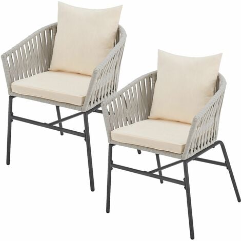 Juskys Rope Stühle 2er Set - Gartenstühle mit Seilgeflecht & Polster - wetterfester & bis 160 kg belastbar - Stahl mit Pulverbeschichtung - Hellgrau