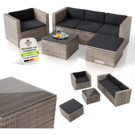 Juskys – Salon de jardin en polyrattan Punta Cana L – Ensemble 4-5 personnes – Coussins épais déhoussables – Table en verre 61cm – Résistant aux intempéries