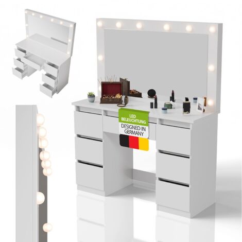 Juskys Schminktisch Lilia mit LED-Spiegel, 7 Schubladen, Licht stufenlos dimmbar, modern & kompakt, viel Stauraum für Make-up & Zubehör – Weiß