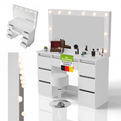 Juskys Schminktisch Lilia mit LED-Spiegel & Hocker Tonia, 7 Schubladen, Licht dimmbar, modern & kompakt, viel Stauraum – Weiß