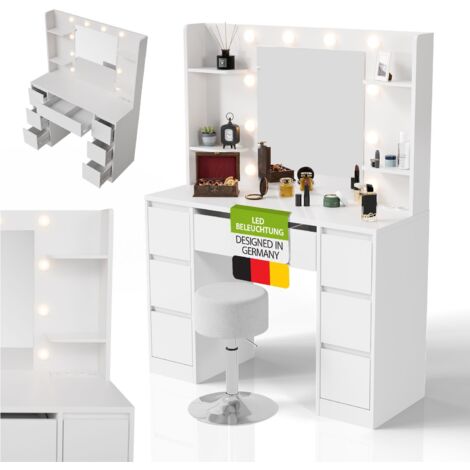 Juskys Schminktisch Malia und Hocker Tonia mit LED-Spiegel, 7 Schubladen, Licht stufenlos dimmbar, modern & kompakt, viel Stauraum für Make-up & Zubehör – Weiß