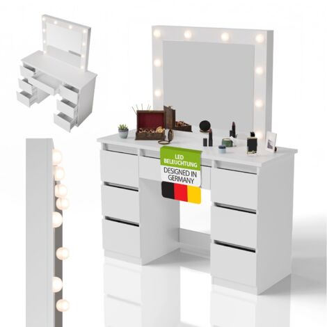 Juskys Schminktisch Talea mit LED-Spiegel, 7 Schubladen, Licht dimmbar, modern & kompakt, viel Stauraum – Weiß