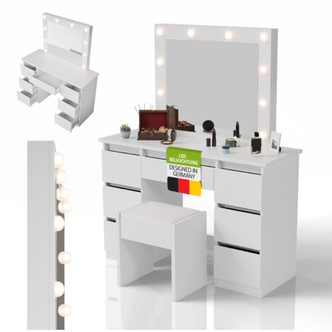 Juskys Schminktisch Talea mit LED-Spiegel und Hocker Melly, 7 Schubladen, Licht dimmbar, modern & kompakt, viel Stauraum – Weiß
