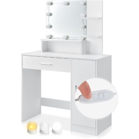 Juskys Schminktisch Zoey mit LED Beleuchtung, Spiegel, Schublade, 3 Fächer & Schrank, 90 x 38 x 137 cm, weiß, Holz Frisiertisch Kosmetiktisch