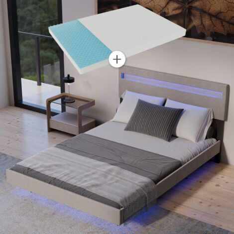 Juskys Schwebebett Lissabon - mit Matratze, Schwebendes Design & LED-Beleuchtung, Leinen Optik, Höhenverstellbare Rückenlehne - 140 x 200 cm, beige