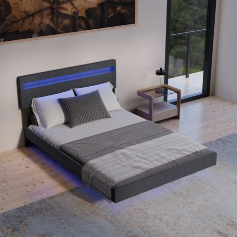 Juskys Schwebebett Lissabon - Schwebendes Design, Integrierte LED-Beleuchtung, Leinen Optik, Höhenverstellbare Rückenlehne - 140 x 200 cm, dunkelgrau