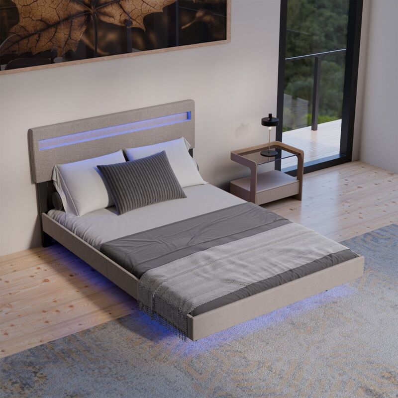 Schwebebett Lissabon - Schwebendes Design, Integrierte Led-beleuchtung, Leinen Optik, Höhenverstellbare Rückenlehne - 140 X 200 Cm, Beige - Juskys