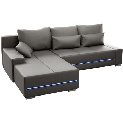 Juskys Sofa Davos Links mit Schlaffunktion - Ecksofa für Wohnzimmer mit Bettkasten & LED - Stoff Schlafsofa L Form Couch Beleuchtung - Hellgrau