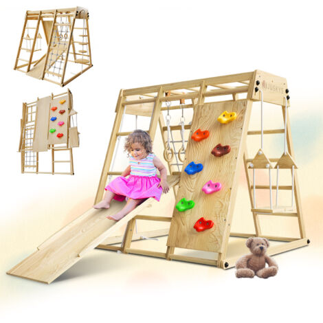 Juskys – Structure de jeu intérieure pliable avec toboggan – Mur d'escalade, filet d'escalade, balançoire – Bois de pin – 119x124x119 cm