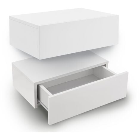 Juskys Wandregal Nachttisch hängend 2er Set Holz 46x30x15 cm BTH - 1 Schublade & Ablage pro Nachtkommode - Wandmontage - Nachtschrank Weiß Hochglanz