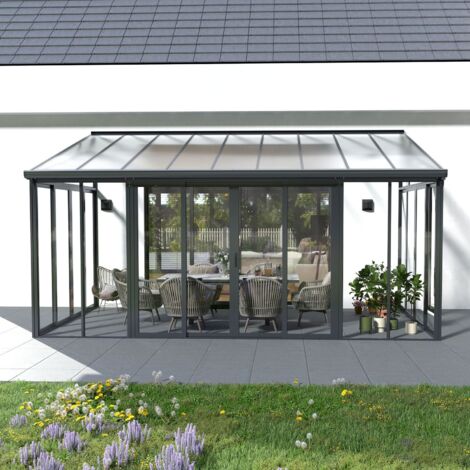 Juskys Wintergarten 15 m² - mit kristallklaren Wänden, Doppel-Schiebetüren & UV-Schutz - wasserdicht & winterfeste Überdachung aus Aluminium - Grau