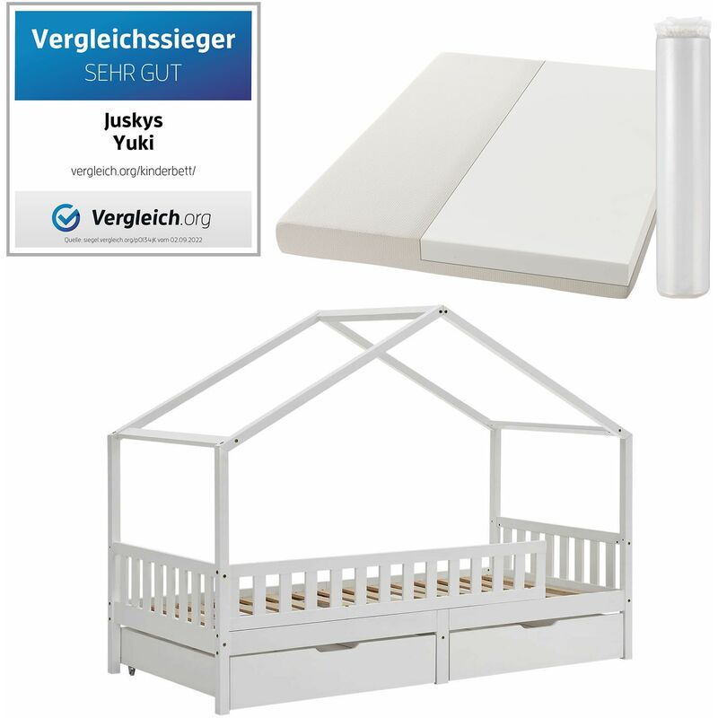 Juskys - Yuki Kinderbett 90x200 - Komplett Set mit Matratze, Rausfallschutz, Bettkasten & Lattenrost – Holz Bett für Kinder – Hausbett Jungen &