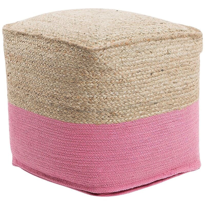 Modern Boho Knitted Square Pouffe Ottoman Cotton Jute 44 x 44 cm Pink Kirama