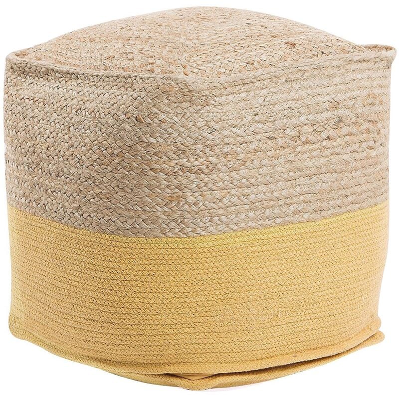 Modern Boho Knitted Square Pouffe Ottoman Cotton Jute 44 x 44 cm Yellow Kirama