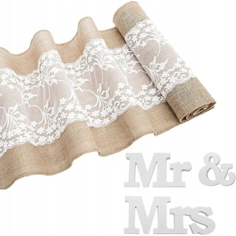 JUTE-TISCHLÄUFER BOHO RUSTIC MIT SPITZE 275x30 CM + MR & MRS-INSCHRIFT