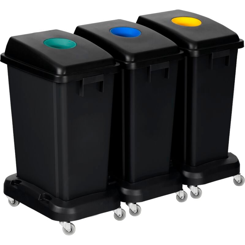 Lot de 3 collecteurs de tri sélectif 60L avec couvercle vert bleu et jaune avec charriot - Matériel professionnel - JVD