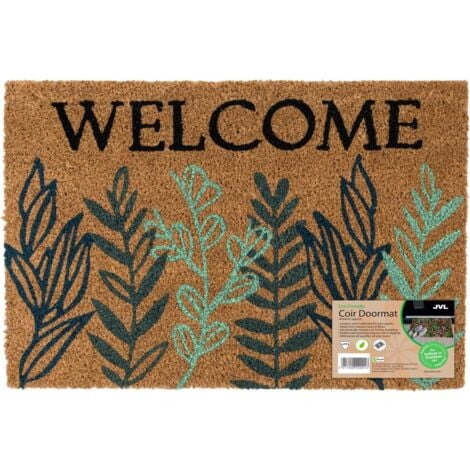 JVL Eco-Friendly Latex Backed Coir Entrance Doormat, 40x60cm - Welcome Leaves