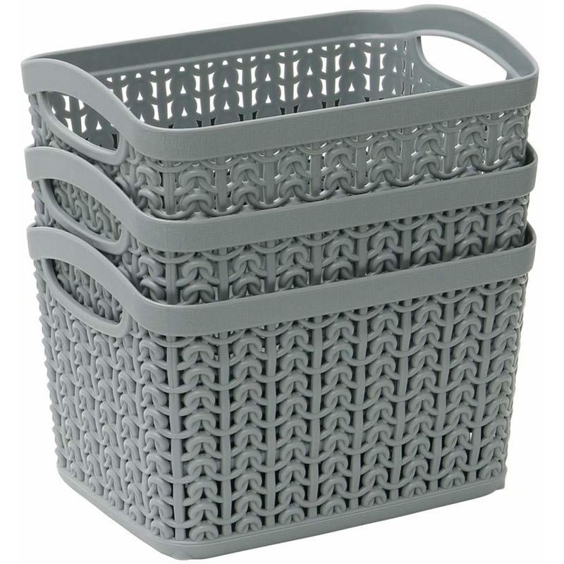 Knit Design Loop Plastic Set of 3 Rectangular Storage Baskets 1.5L, Grey 11 x 17 x 13 cm - JVL