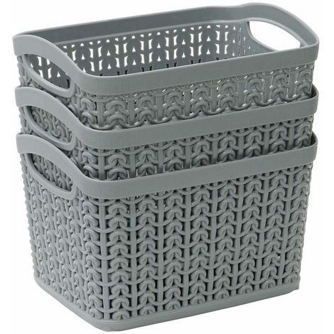 main image of "JVL Knit Design Loop Plastic Set of 3 Rectangular Storage Baskets 1.5L, Grey 11 x 17 x 13 cm"