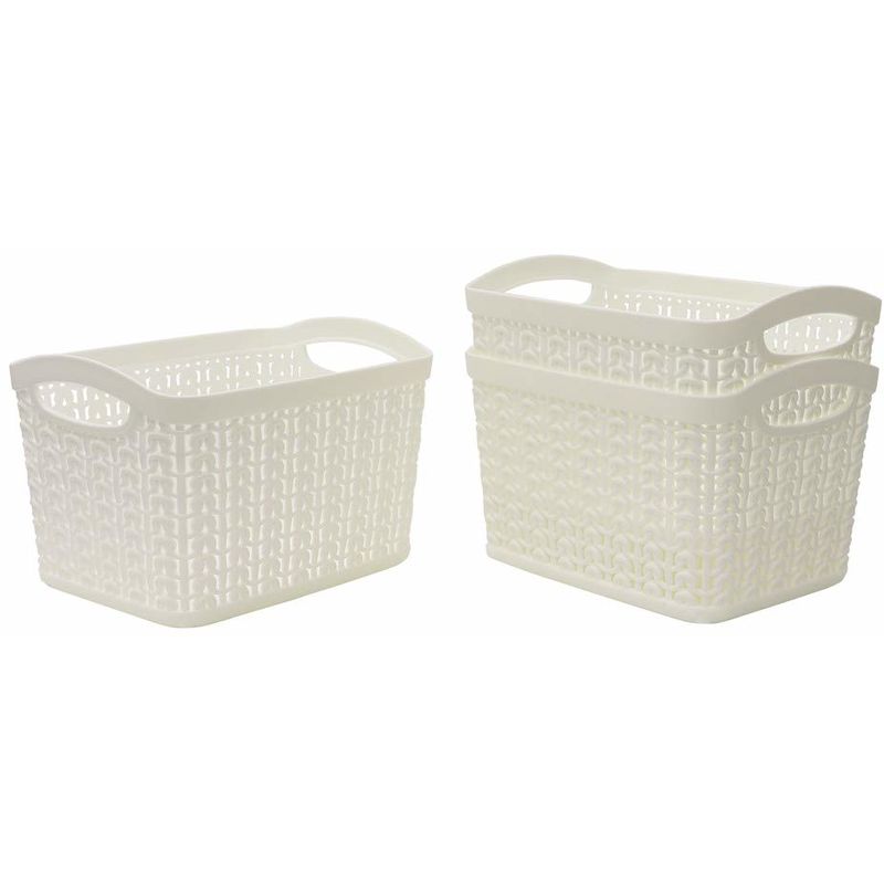 Knit Design Loop Plastic Set of 3 Rectangular Storage Baskets 1.5L, Ivory 11 x 17 x 13 cm - JVL