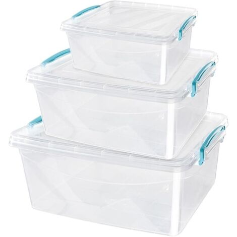 JVL Plastic Clip Lidded Food Storage Box, Stackable & Nestable, Set of 3, 1.6L, 3L, 5L
