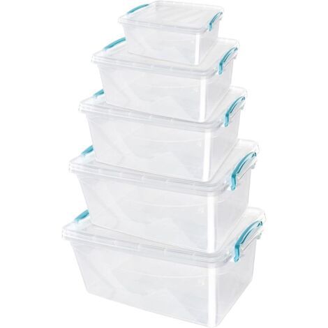 JVL Plastic Clip Lidded Food Storage Box, Stackable & Nestable, Set of 5, 1.6L, 3L, 5L, 8.5L, 13.5L