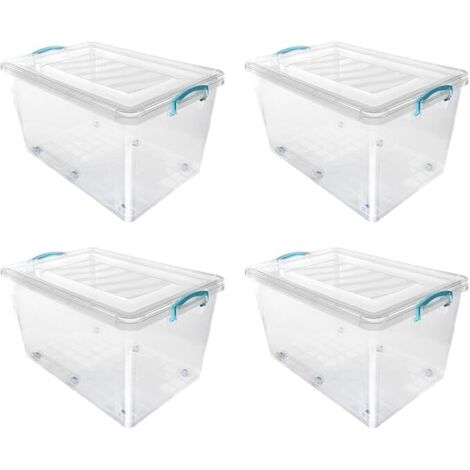 JVL Plastic Clip Lidded Storage Box with Wheels, Stackable and Nestable, Clear, Set of 4, 50L