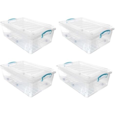 JVL Plastic Clip Lidded Underbed Storage Box with Wheels, Stackable & Nestable, Clear, Set of 4, 30L