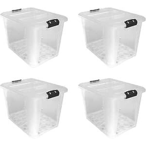 JVL Plastic Secure Clip Lidded Storage Box with Wheels, Stackable & Nestable, Clear, Set of 4, 60L