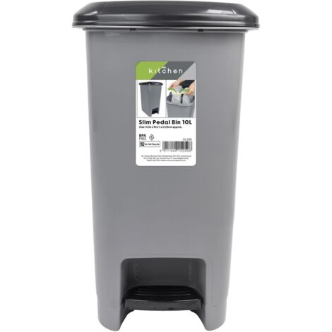 JVL Slim Plastic Lidded Foot Pedal Waste Bin, 10L, Grey