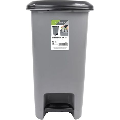 JVL Slim Plastic Lidded Foot Pedal Waste Bin, 15L, Grey