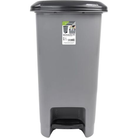 JVL Slim Plastic Lidded Foot Pedal Waste Bin, 60L, Grey