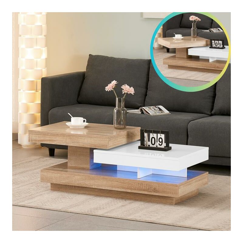 Jymtom - Design Table Basse avec Plateau Pivotant à 360° et Surface de Rangement, 110x50x40 cm, Blanc brillant, en Bois, Table d`Appoint avec Plateau