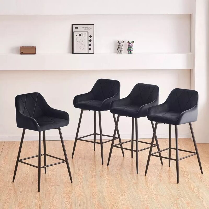 Jymtom - Ensemble de 4 Chaises Hautes de Bar Tabourets de Cuisine Salle à Manger avec Dossier, Accoudoirs et Repose-Pieds Réglable - Velours Noir
