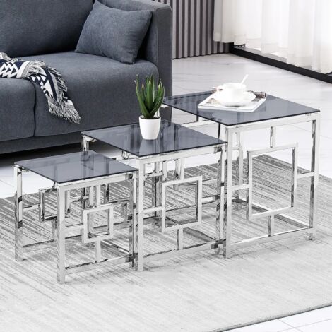 Jymtom – Ensemble de 3 tables basses gigognes en verre trempé – Cadre en acier inoxydable – Empilables avec pieds antidérapants – Design moderne