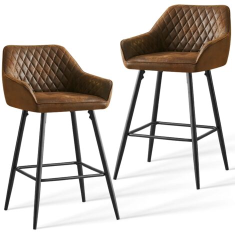 Jymtom – Lot de 2 tabourets de bar – Tissu en cuir artificiel marron – Pieds en métal noir – Hauteur fixe – Confort ergonomique
